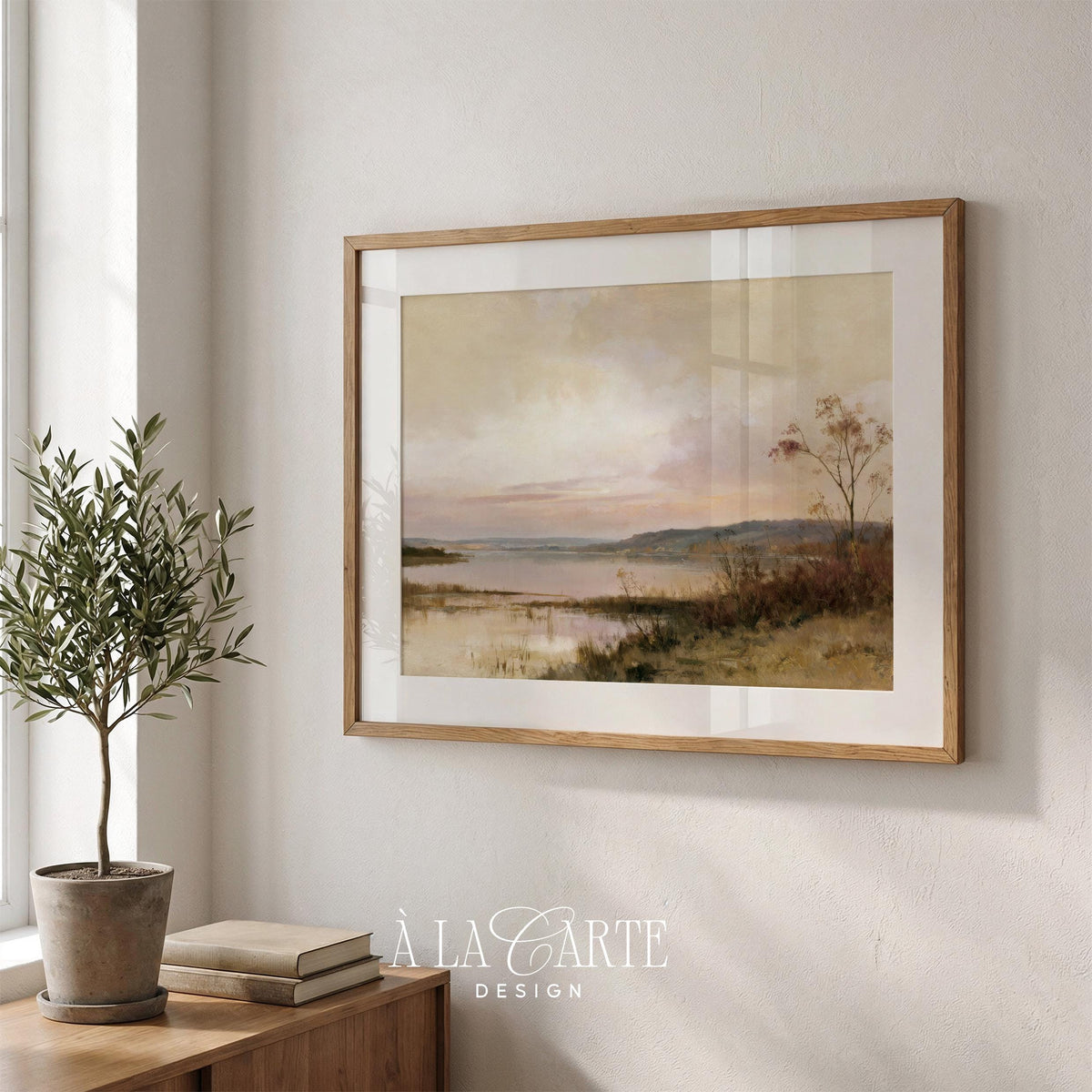 Serene water reflection artwork digital download — vintage landscape with autumn tree and rolling terrain