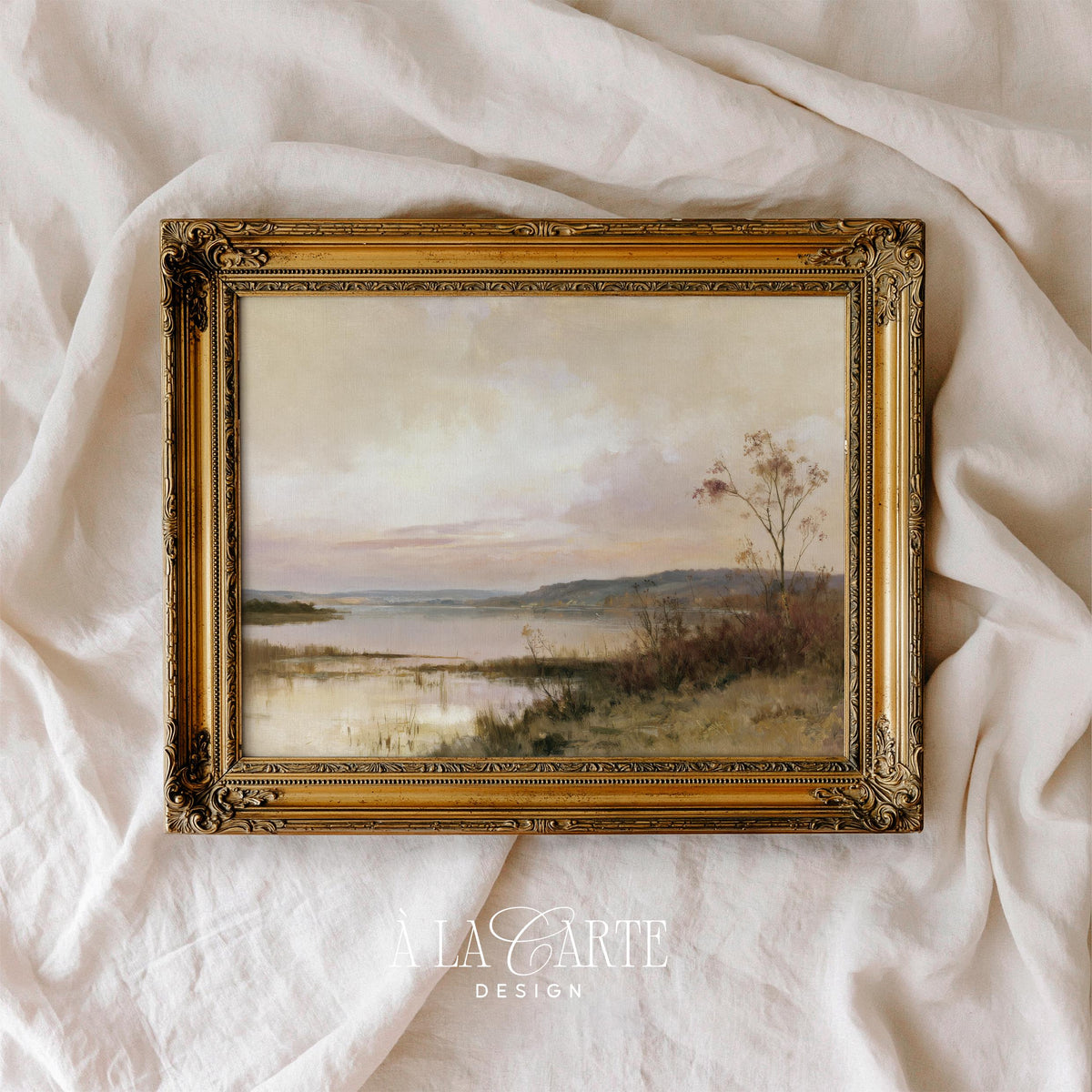 Atmospheric lake scene wall art with weathered shoreline vegetation — muted vintage autumn mood