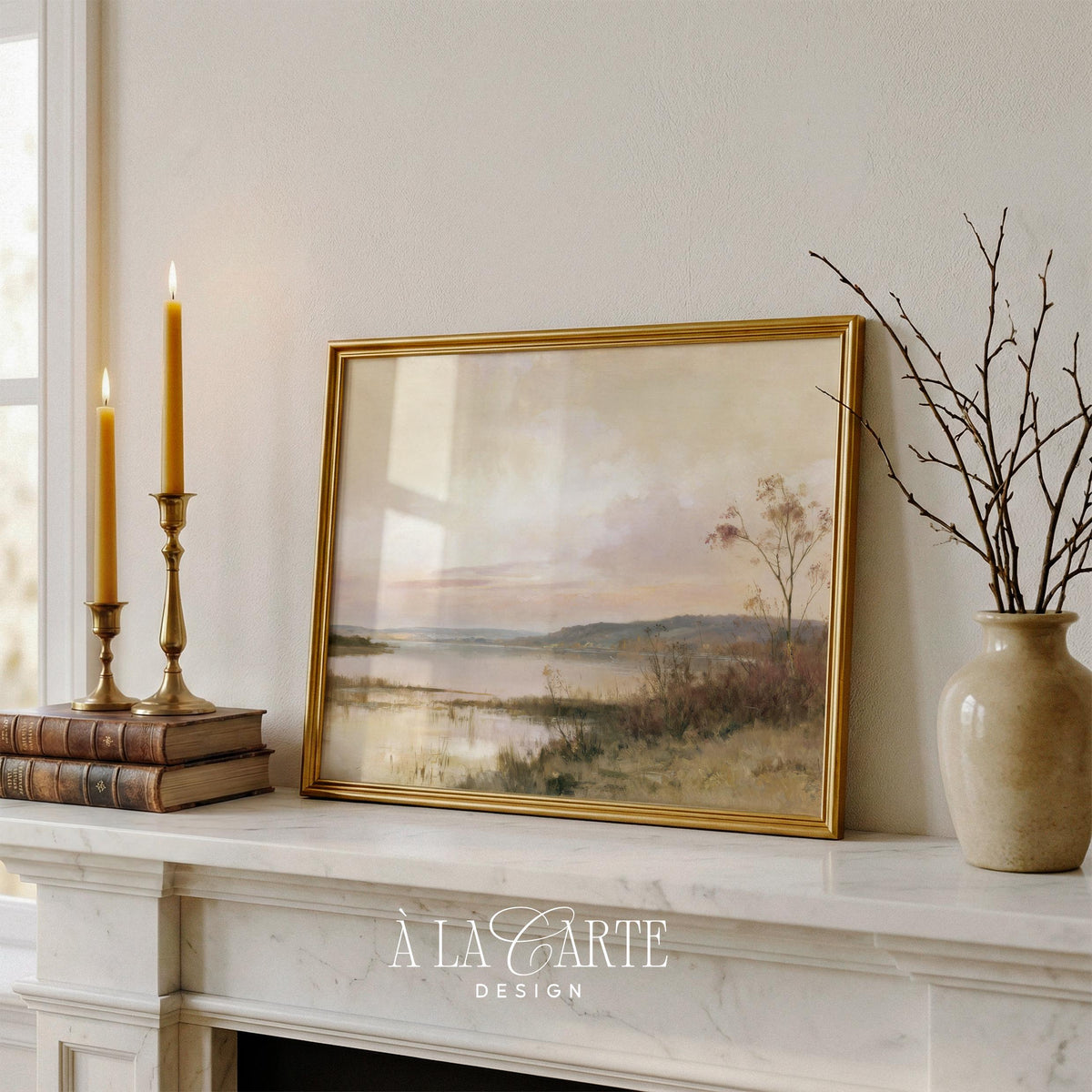 Calming lakeside picture print for farmhouse decor — gentle brushwork in soft peachy and cream palette