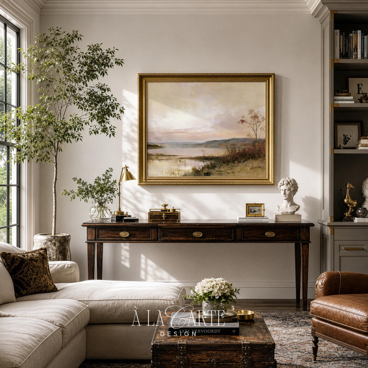 Rustic fall shoreline picture wall art — tranquil scene with soft brushed texture and neutral warm tones