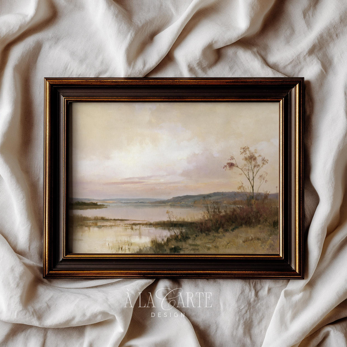 Autumn lakeside painting print for entryway — cozy muted palette with gentle seasonal ambiance