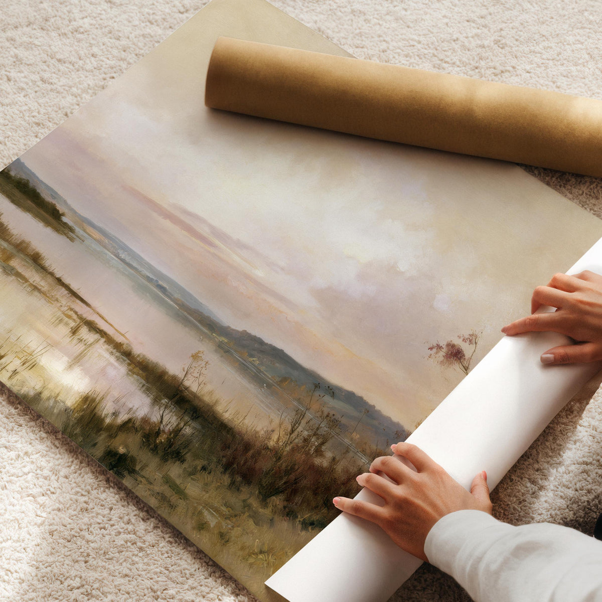 Moody fall landscape artwork featuring wild grasses and water reflection — understated seasonal aesthetic