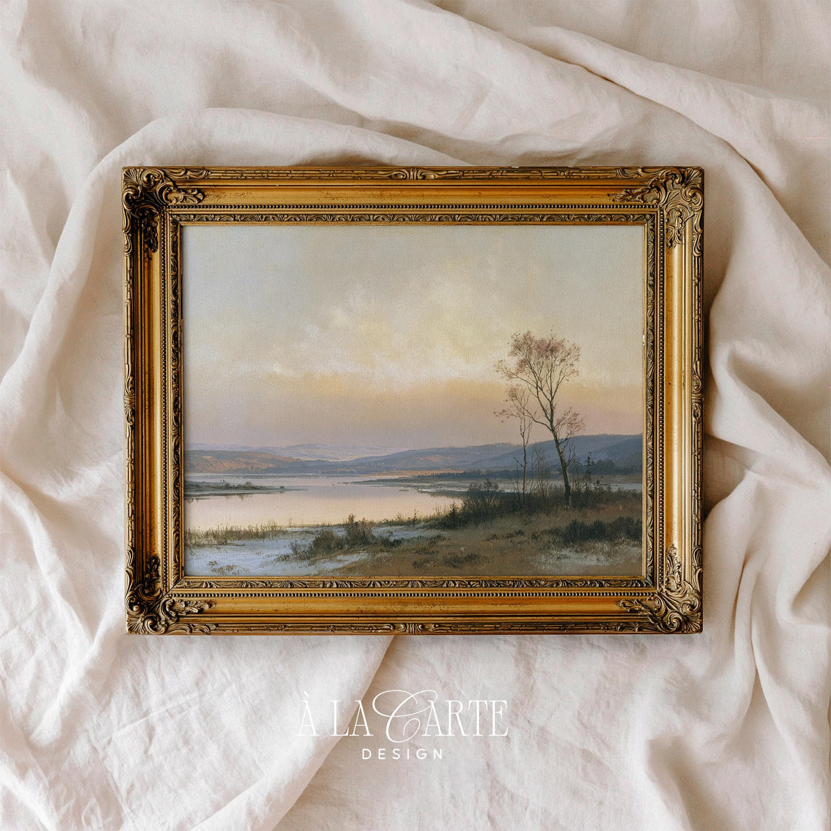 Muted autumn woodland painting wall art with calm river and golden atmospheric palette