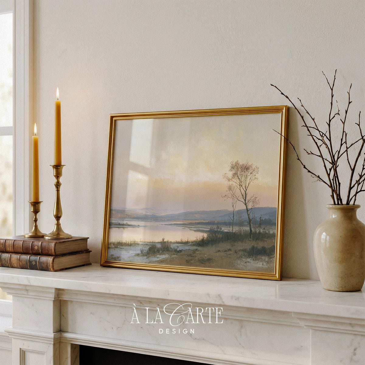 Peaceful riverside digital print featuring tranquil autumn foliage and hazy morning light