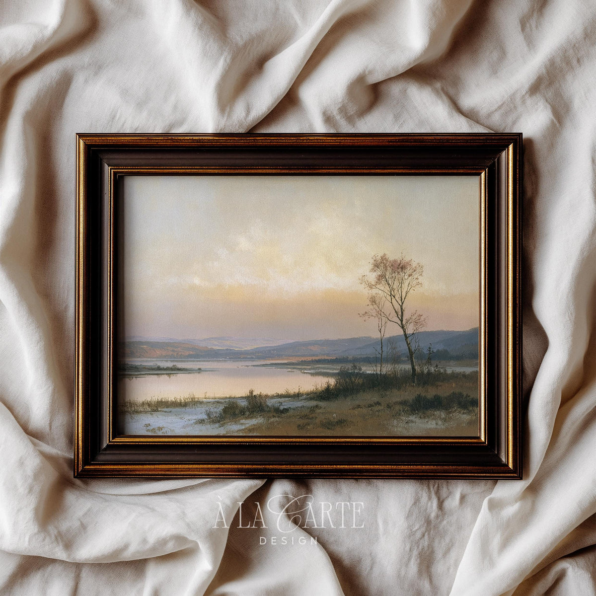 Tranquil waterway digital art print featuring solitary tree in autumn colors and misty sky