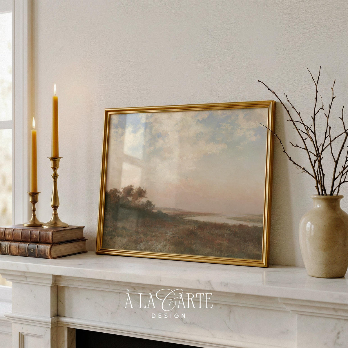 Farmhouse-style landscape print for living room — tranquil countryside with wispy clouds and distant shoreline