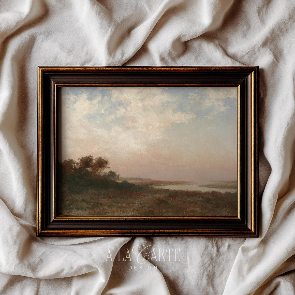 Vintage river painting picture with soft atmospheric palette — dusty rose, slate blue, and warm cream tones