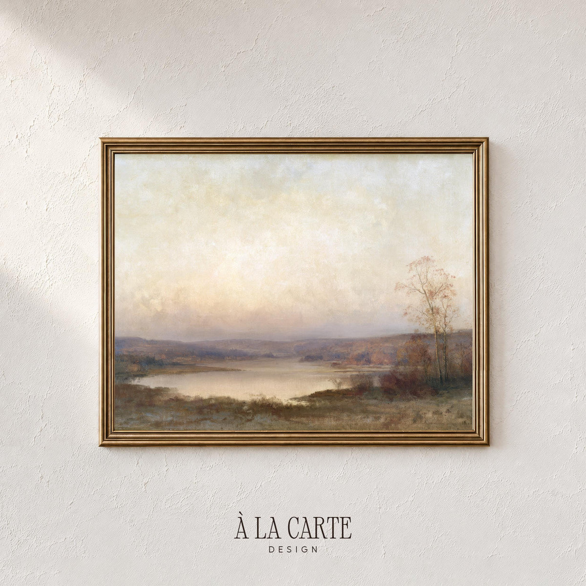 Tranquil shoreline painting wall art for entryway — soft vintage palette with hazy hills, bare tree, and reflective water