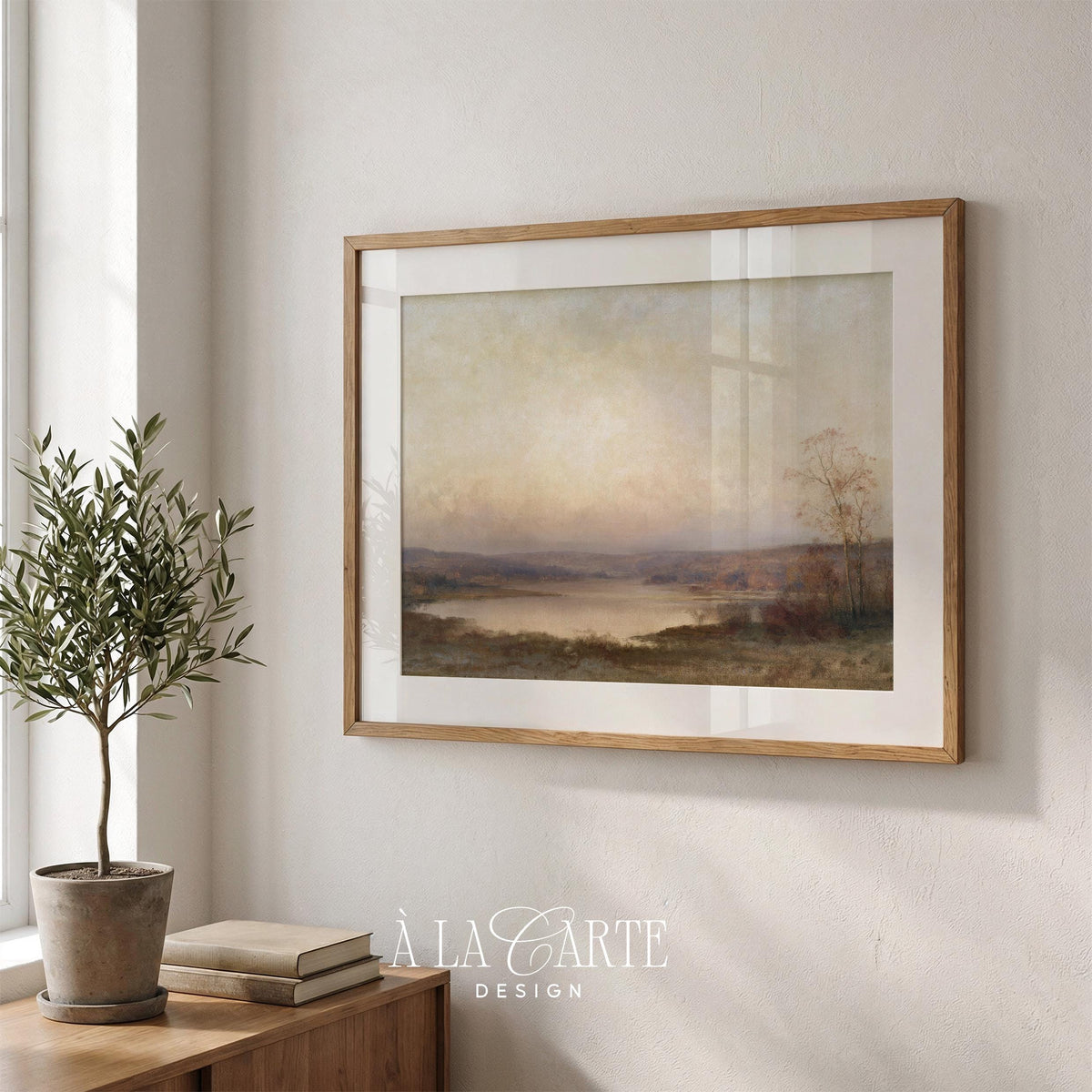 Moody dusk landscape poster printable art for office — muted blue and cream tones capturing serene autumn countryside