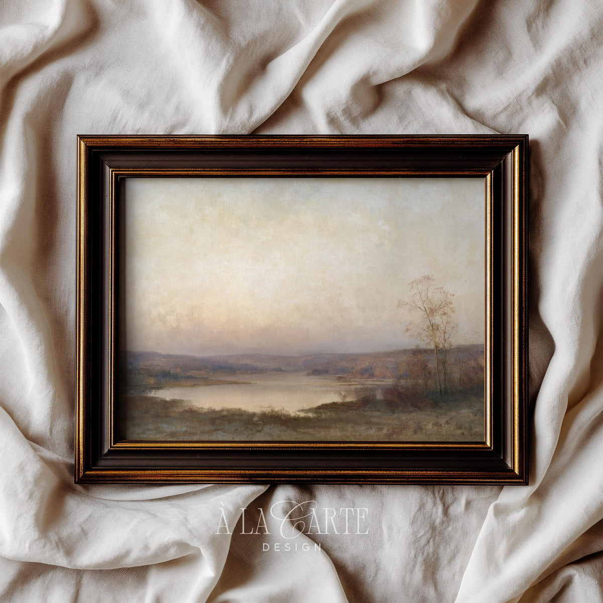 Moody nature digital print for gallery wall — vintage-inspired autumn composition with cream, blue, and gold tones