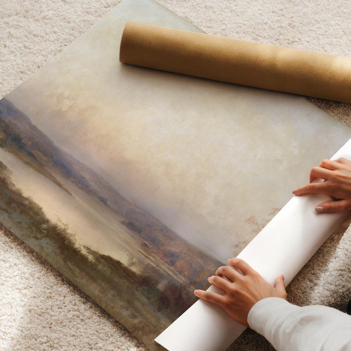 Tranquil forest painting wall decor for bedroom — soft brushwork capturing quiet dusk with shoreline vegetation