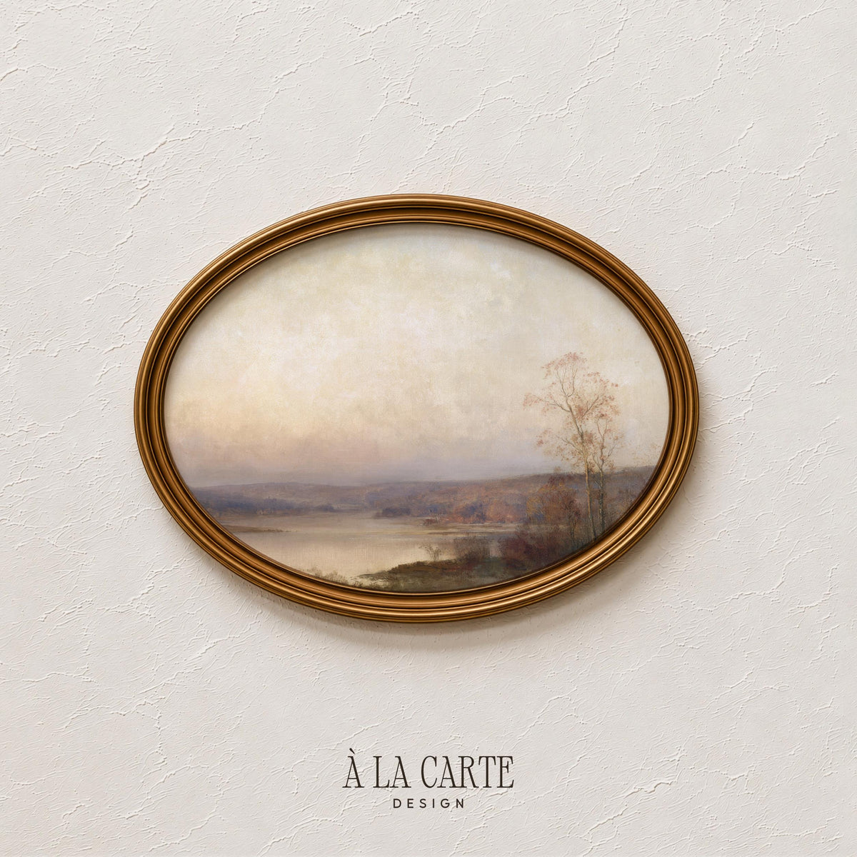 Vintage lake shore artwork for bedroom wall — rustic moody aesthetic with soft foliage and distant misty ridges