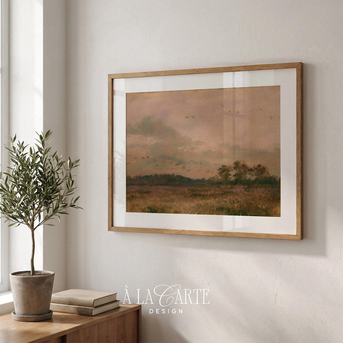 Serene fall field digital print — peaceful rural scene with low tree line and soft pastel sky