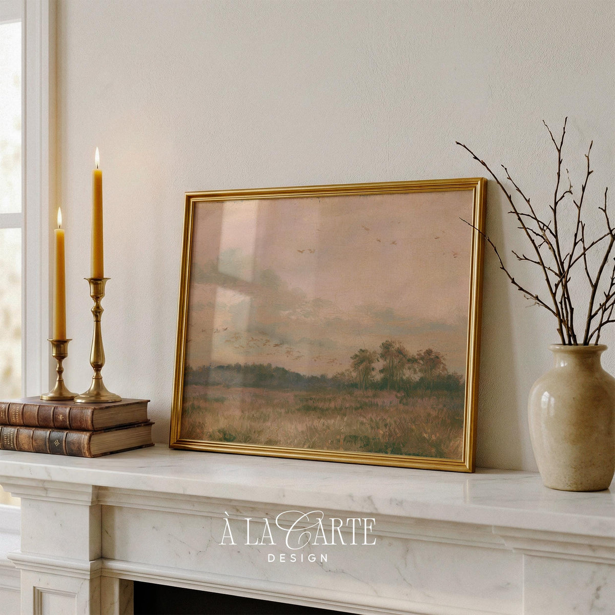 Quiet autumn landscape poster for entryway — vintage oil painting aesthetic with muted color palette