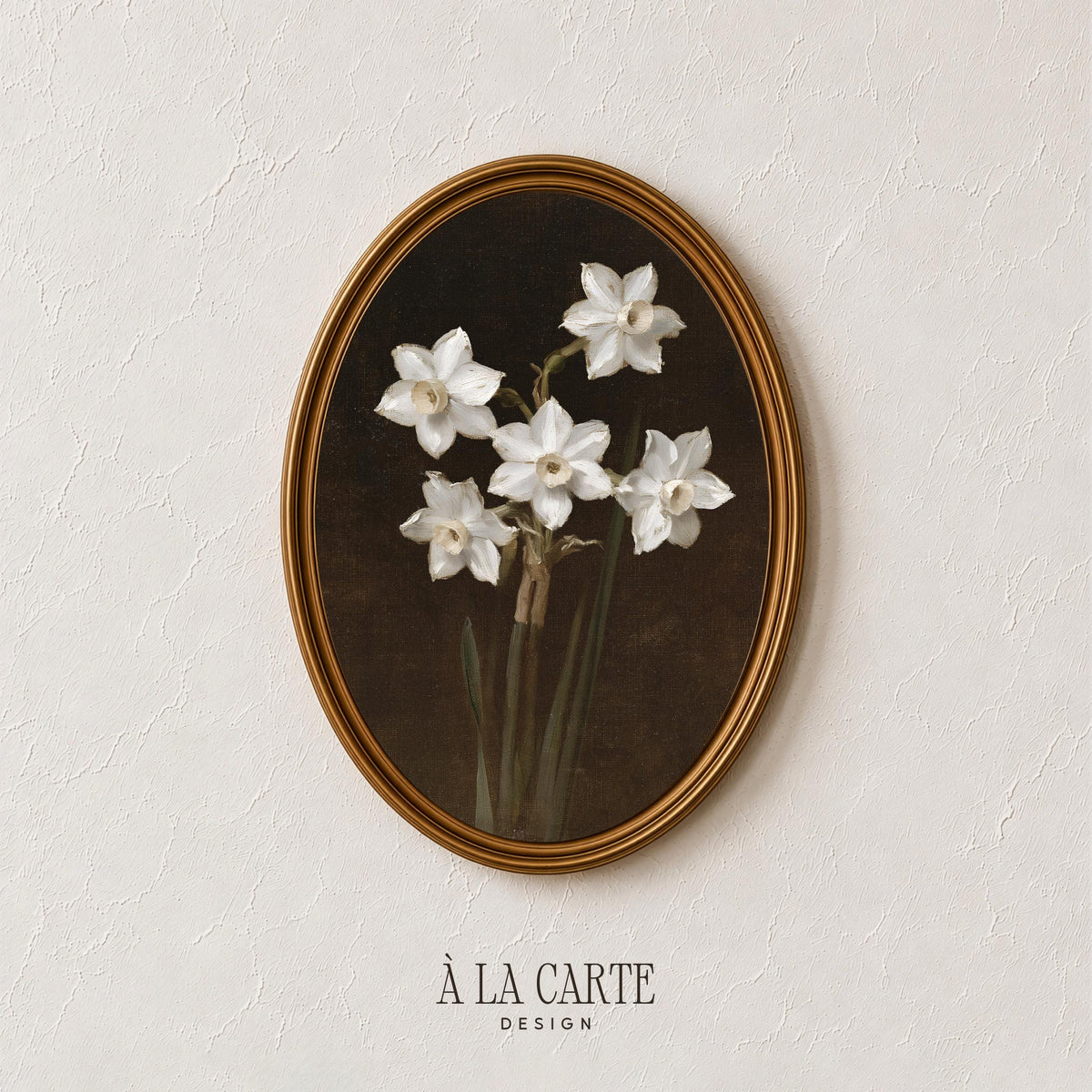 Rich moody floral wall art for home library — delicate spring flowers on deep background with aged character