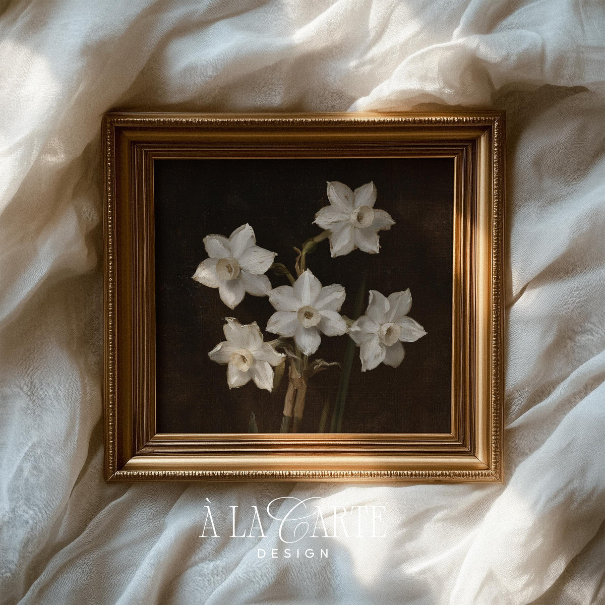 Classic white blooms digital print for living room — vintage botanical artwork with dramatic moody aesthetic