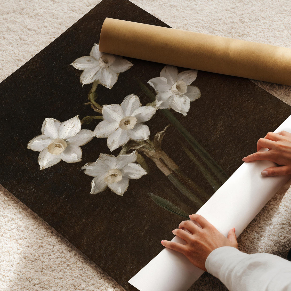Delicate daffodil painting wall art for study — dark academia floral featuring soft yellow centers and rich contrast