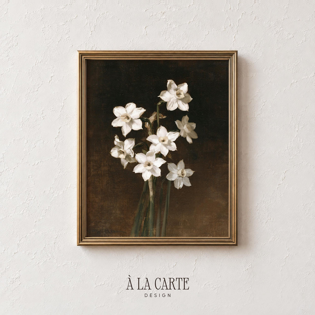 Moody botanical print instant download — narcissus flowers with vintage Dutch still life influence