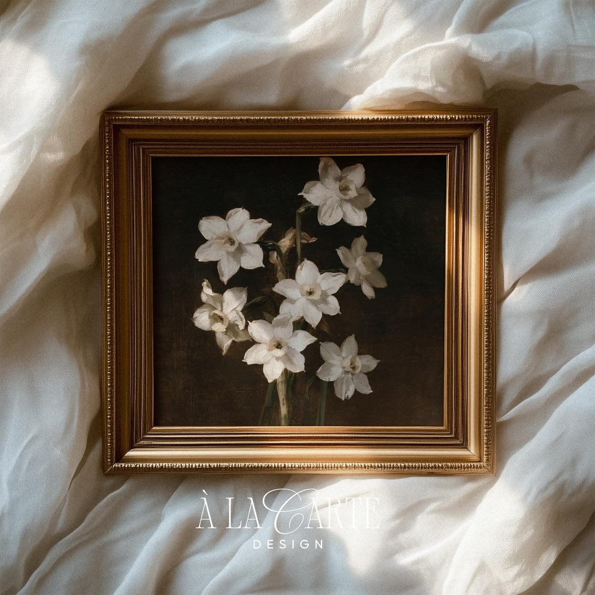 Vintage daffodil picture for dark academia décor — classic botanical with deep atmospheric background