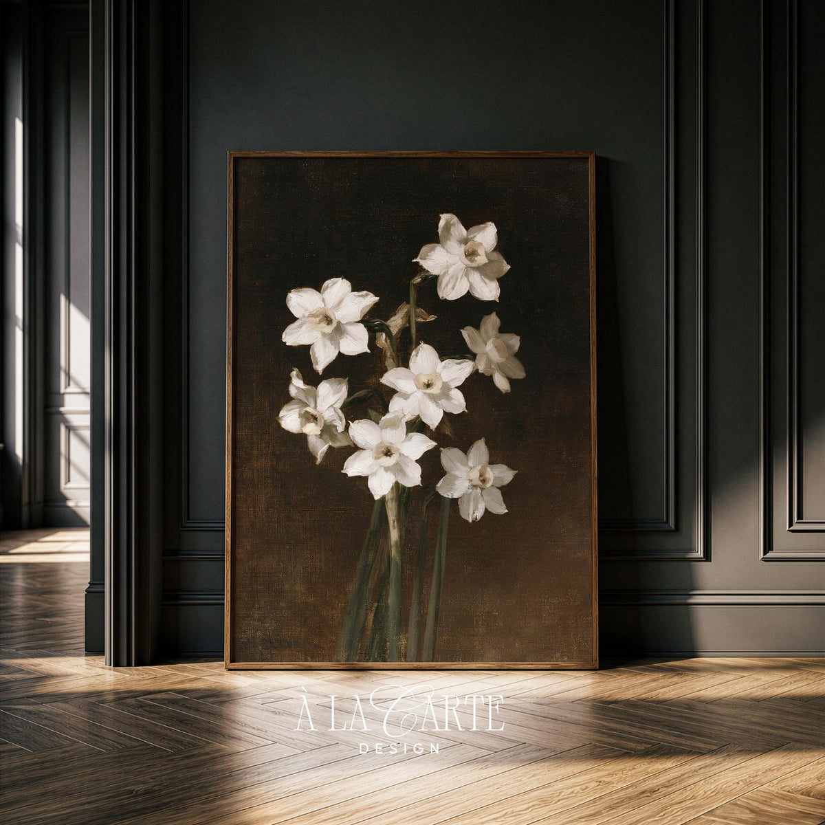 Classic floral artwork printable for gallery wall — white narcissus with shadowy atmosphere