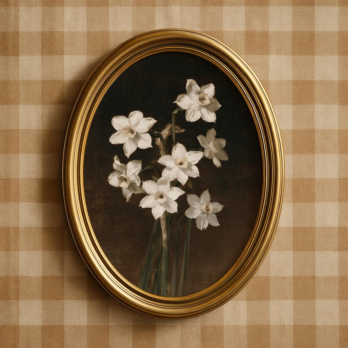 White florals wall art digital download — dramatic moody painting with earthy brown shadows