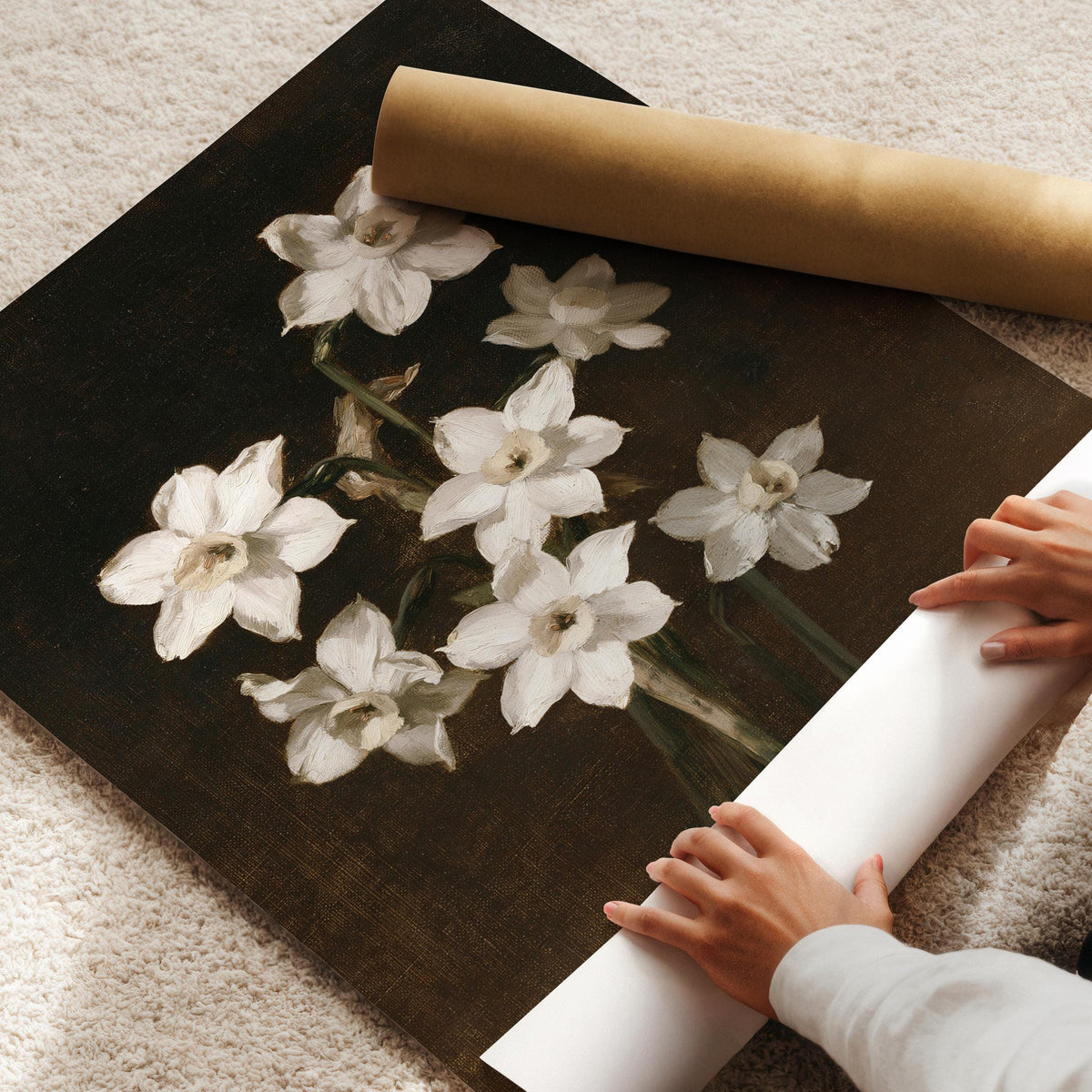 Romantic white blossom painting for dining room — oil painting style with dramatic lighting effects