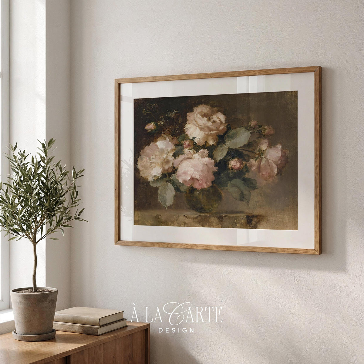 Blush Pink Roses Printable, Muted Floral Still Life, Vintage Rose Download, Cottagecore Floral Wall Art, Horizontal Moody Floral Print H91