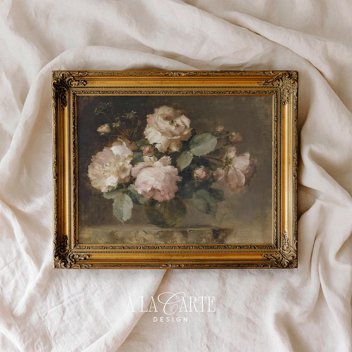Blush Pink Roses Printable, Muted Floral Still Life, Vintage Rose Download, Cottagecore Floral Wall Art, Horizontal Moody Floral Print H91
