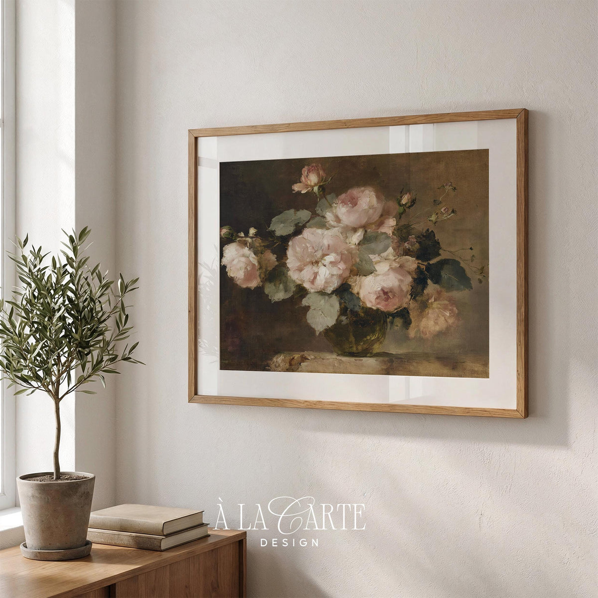 Moody Pink Roses Wall Art, Vintage Floral Still Life, Romantic Rose Oil Painting, Cottagecore Printable, Horizontal Moody Floral Print H89