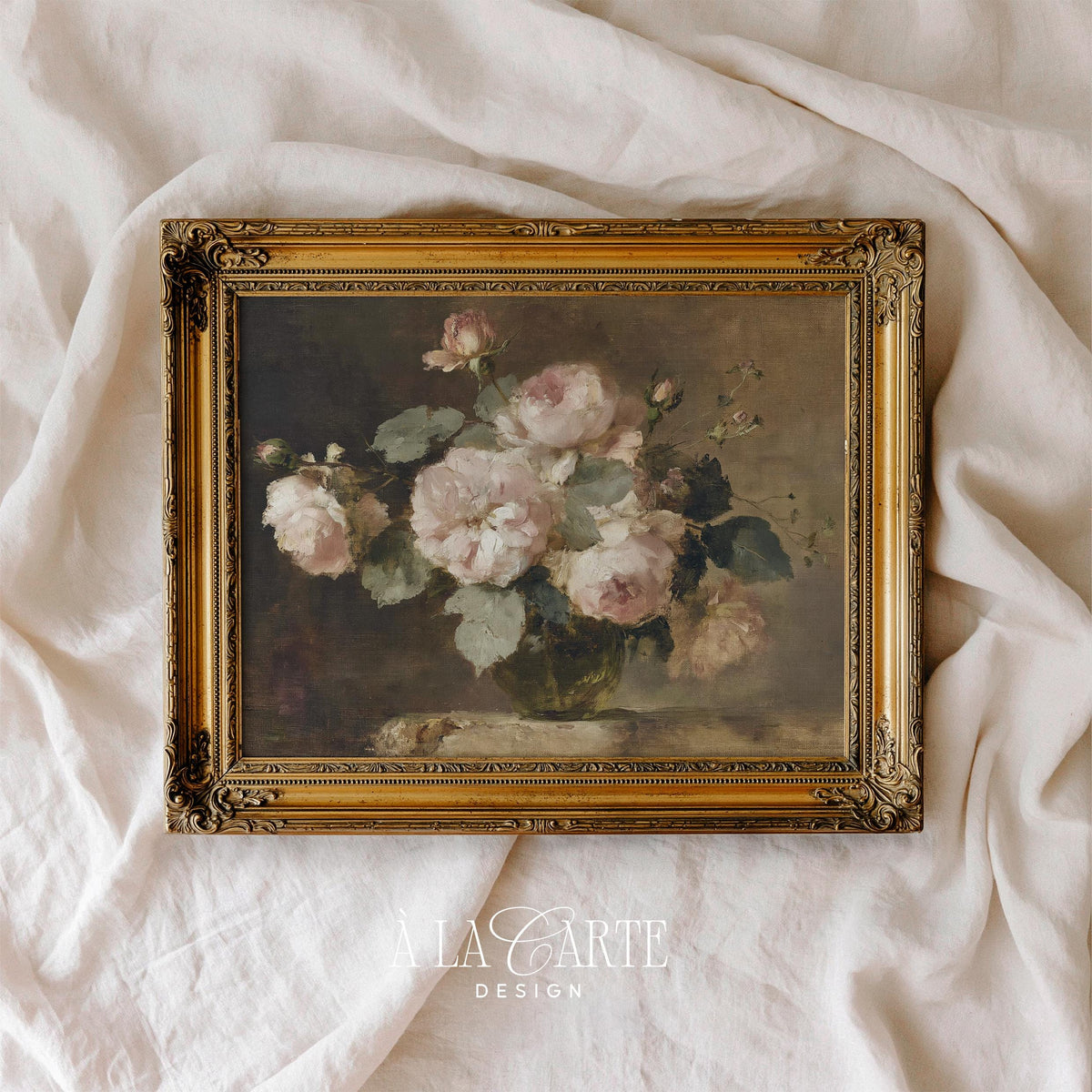 Moody Pink Roses Wall Art, Vintage Floral Still Life, Romantic Rose Oil Painting, Cottagecore Printable, Horizontal Moody Floral Print H89