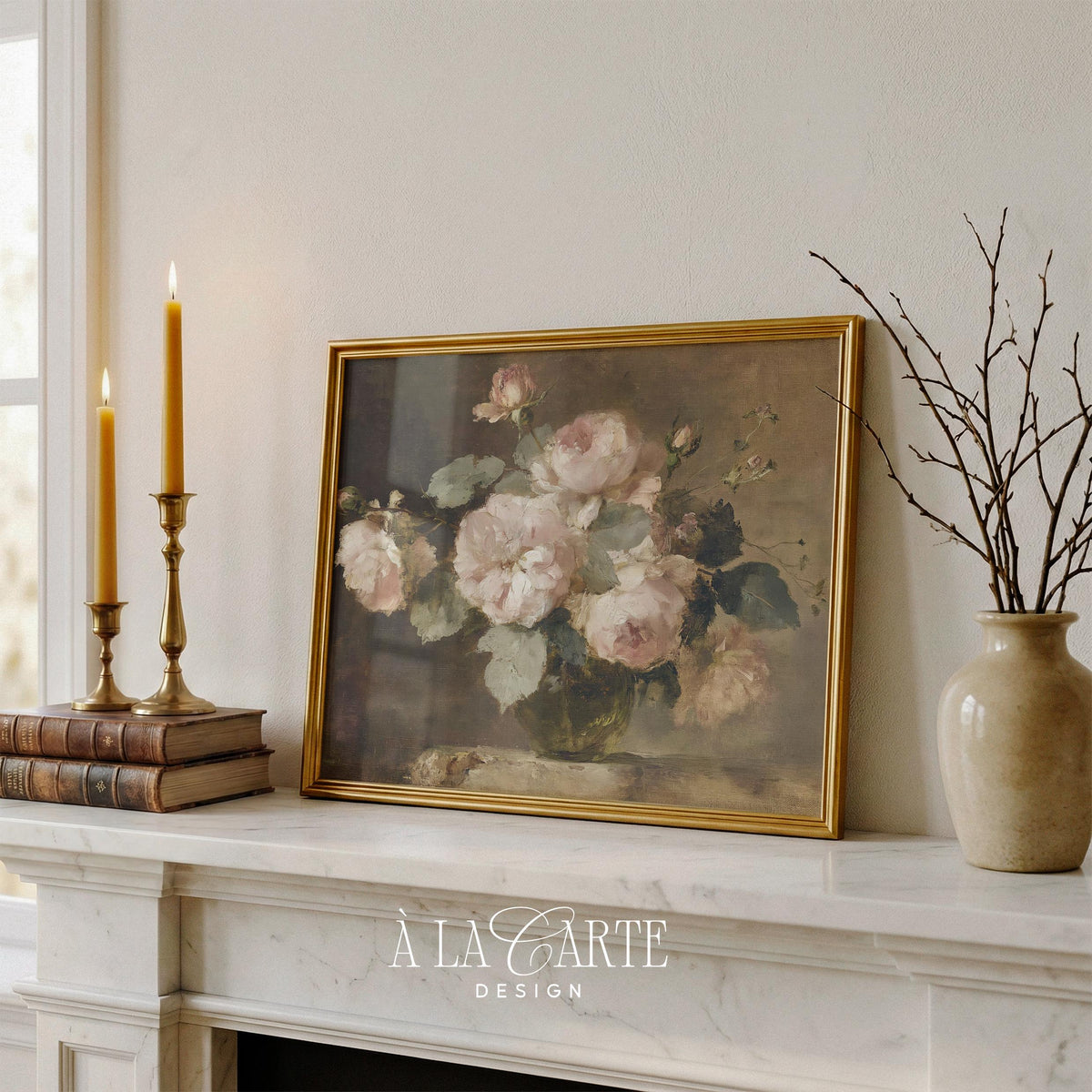 Moody Pink Roses Wall Art, Vintage Floral Still Life, Romantic Rose Oil Painting, Cottagecore Printable, Horizontal Moody Floral Print H89