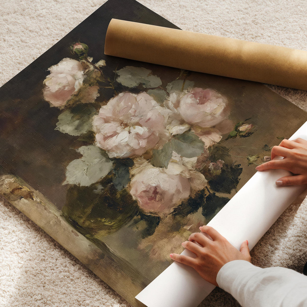 Moody Pink Roses Wall Art, Vintage Floral Still Life, Romantic Rose Oil Painting, Cottagecore Printable, Horizontal Moody Floral Print H89