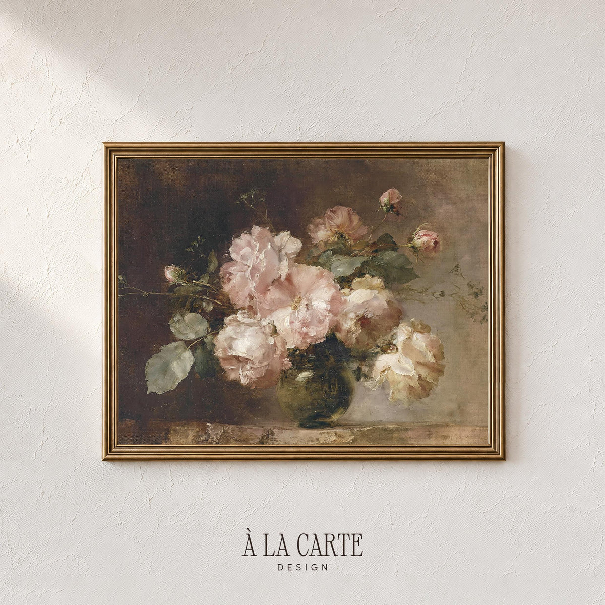 Vintage Blush Roses Wall Art, Moody Floral Oil Painting, Antique Rose Still Life, Romantic Printable, Horizontal Moody Floral Print H90