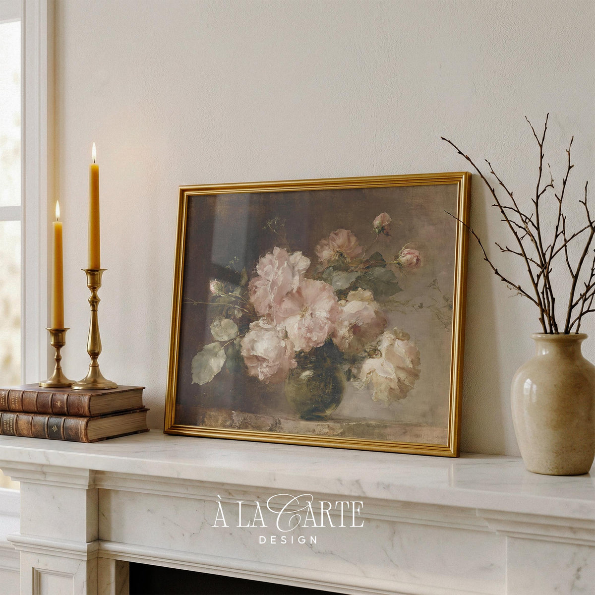 Vintage Blush Roses Wall Art, Moody Floral Oil Painting, Antique Rose Still Life, Romantic Printable, Horizontal Moody Floral Print H90