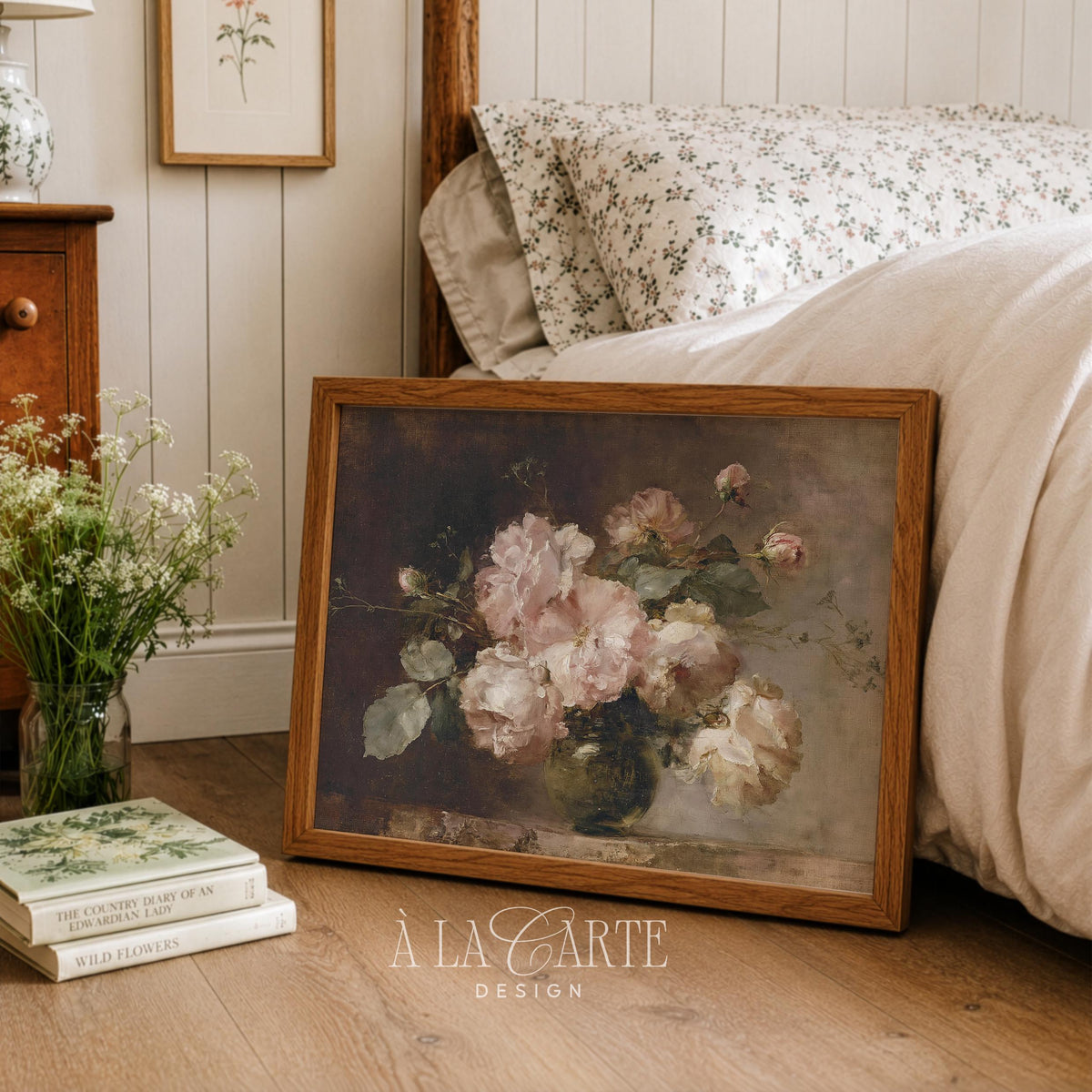 Vintage Blush Roses Wall Art, Moody Floral Oil Painting, Antique Rose Still Life, Romantic Printable, Horizontal Moody Floral Print H90