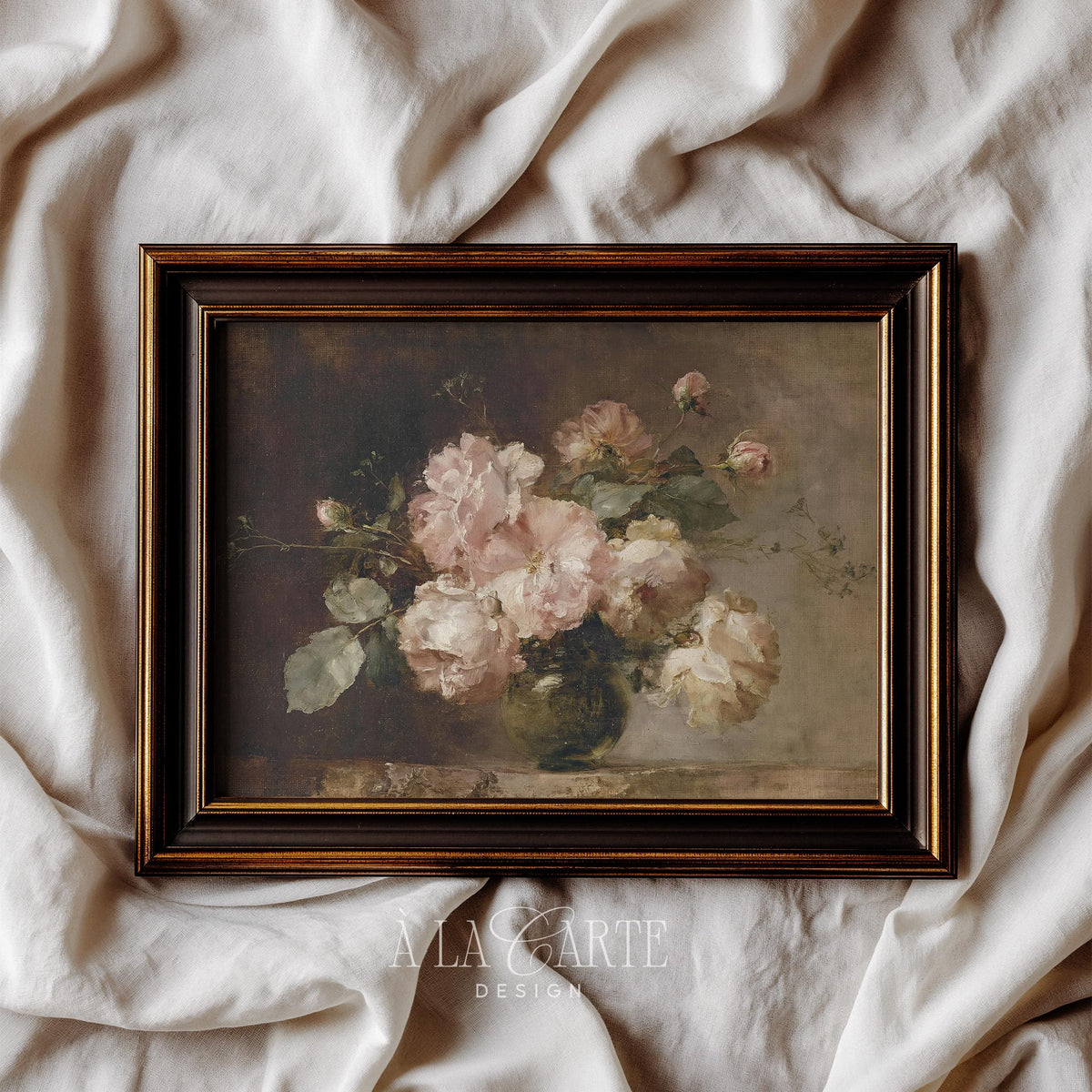 Vintage Blush Roses Wall Art, Moody Floral Oil Painting, Antique Rose Still Life, Romantic Printable, Horizontal Moody Floral Print H90