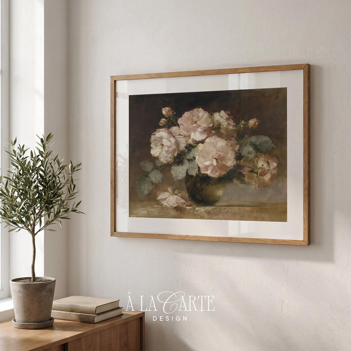 Moody Rose Wall Art, Romantic Floral Still Life, Vintage Blush Pink Floral Art, Floral Bedroom Printable, Horizontal Moody Flowers Print H92