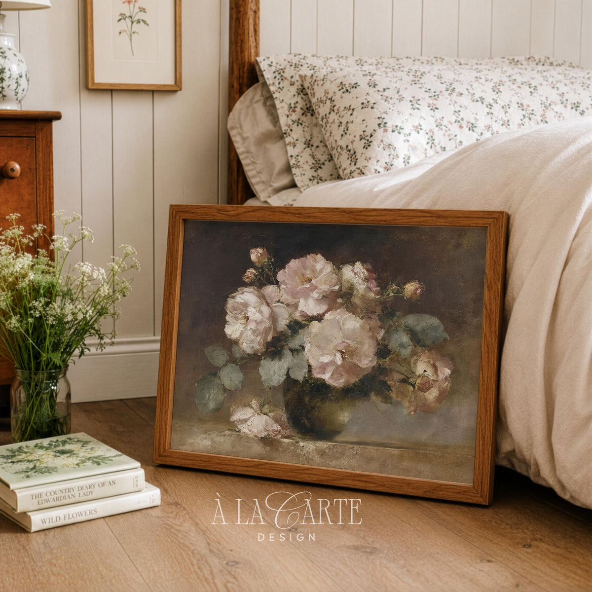 Moody Rose Wall Art, Romantic Floral Still Life, Vintage Blush Pink Floral Art, Floral Bedroom Printable, Horizontal Moody Flowers Print H92