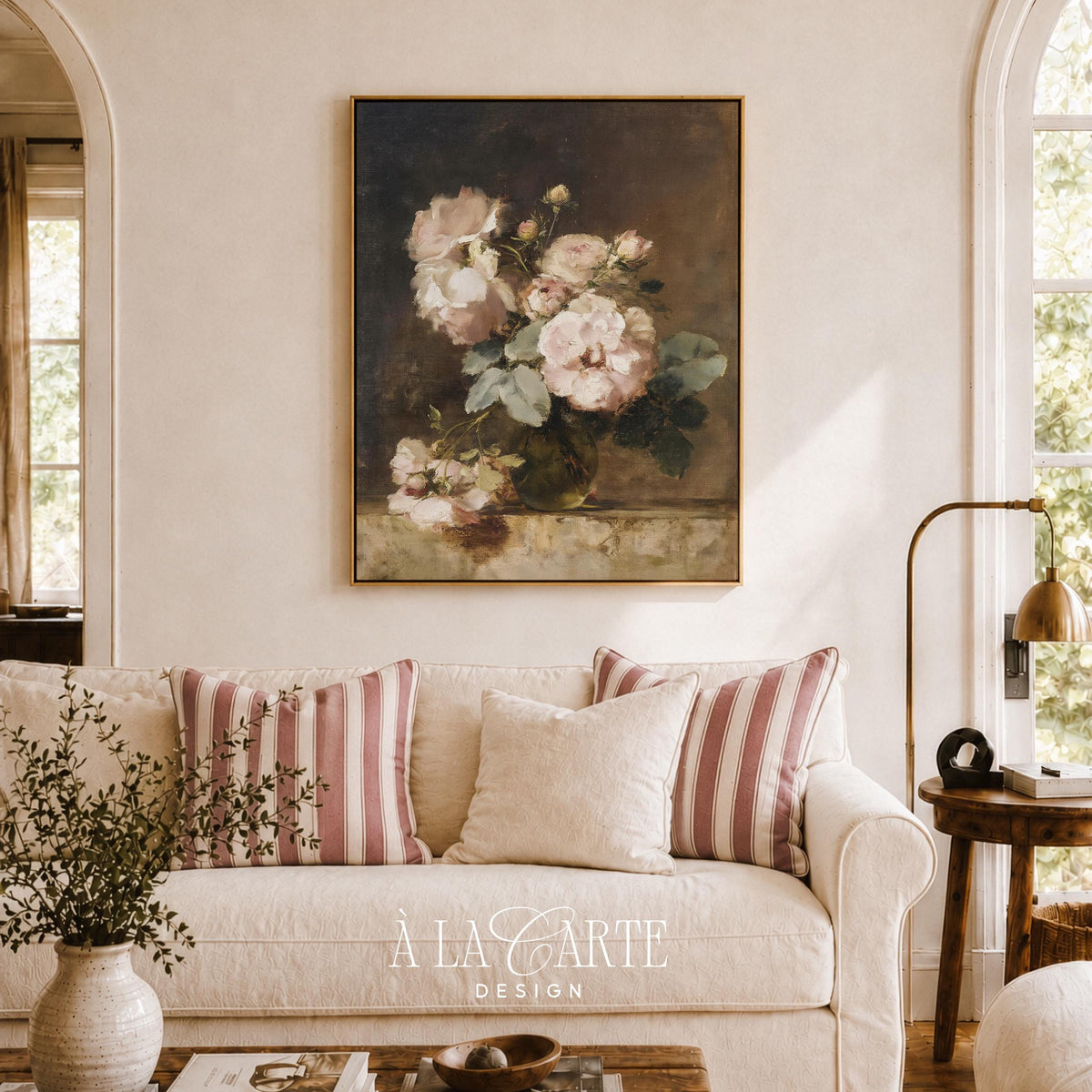Dark moody flower arrangement picture for study — vintage blush roses on marble with aged elegance