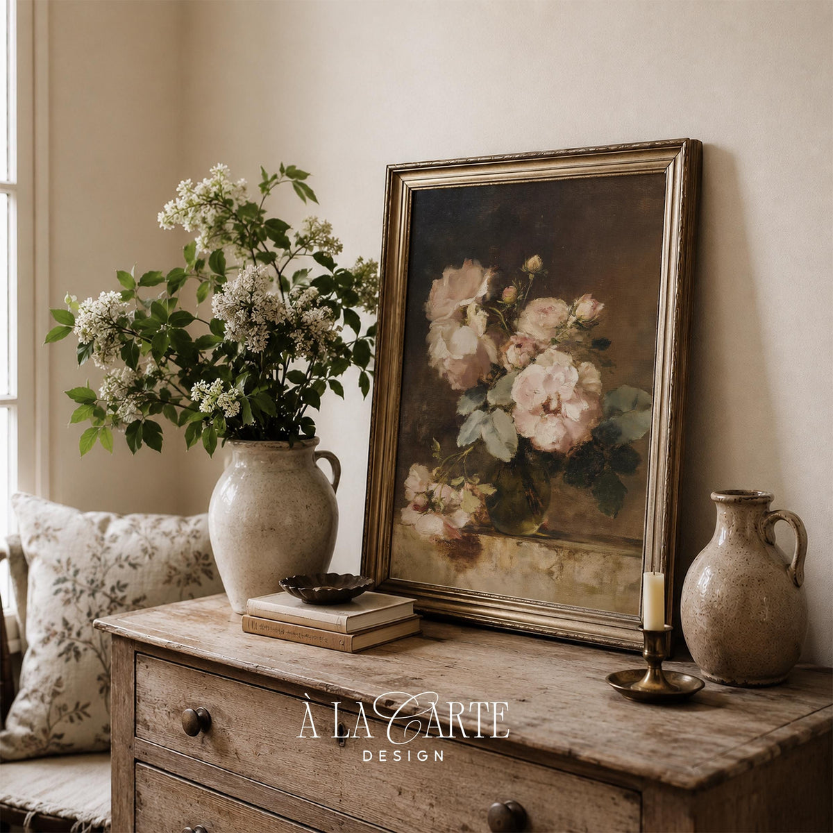 Blush pink rose poster for gallery wall — classic floral artwork with muted antique palette