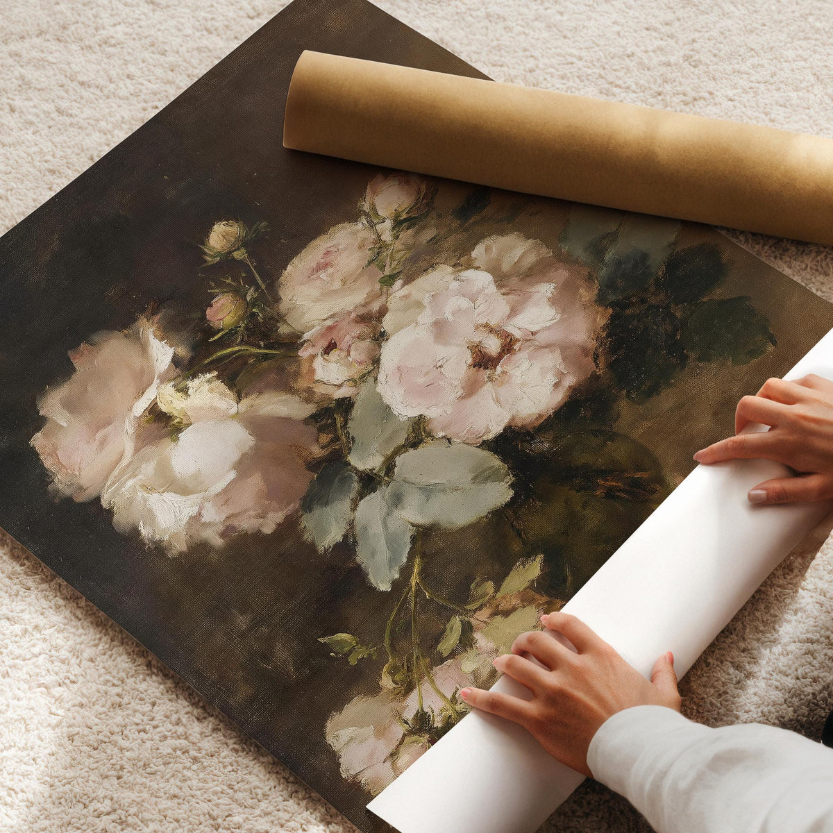 Antique rose still life wall decor — moody romantic bouquet with cream and blush tones, digital download