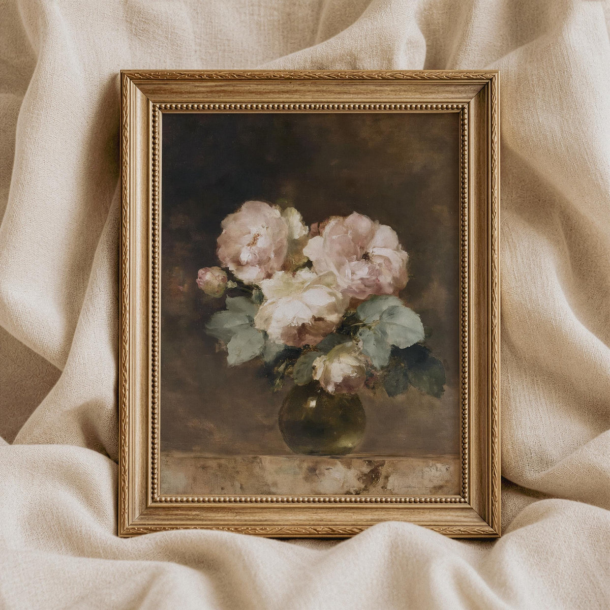 Classic rose bouquet poster for living room — aged patina finish with cream and blush petals, garden mood