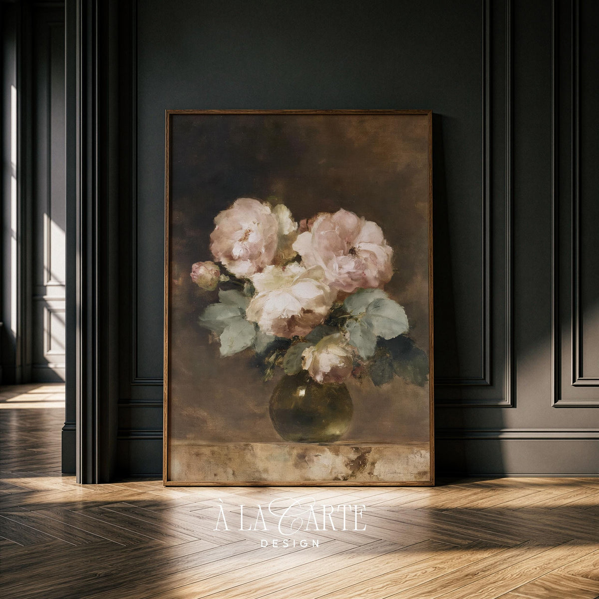 Dark academia floral picture for entryway — vintage rose composition with soft hues and old-world charm