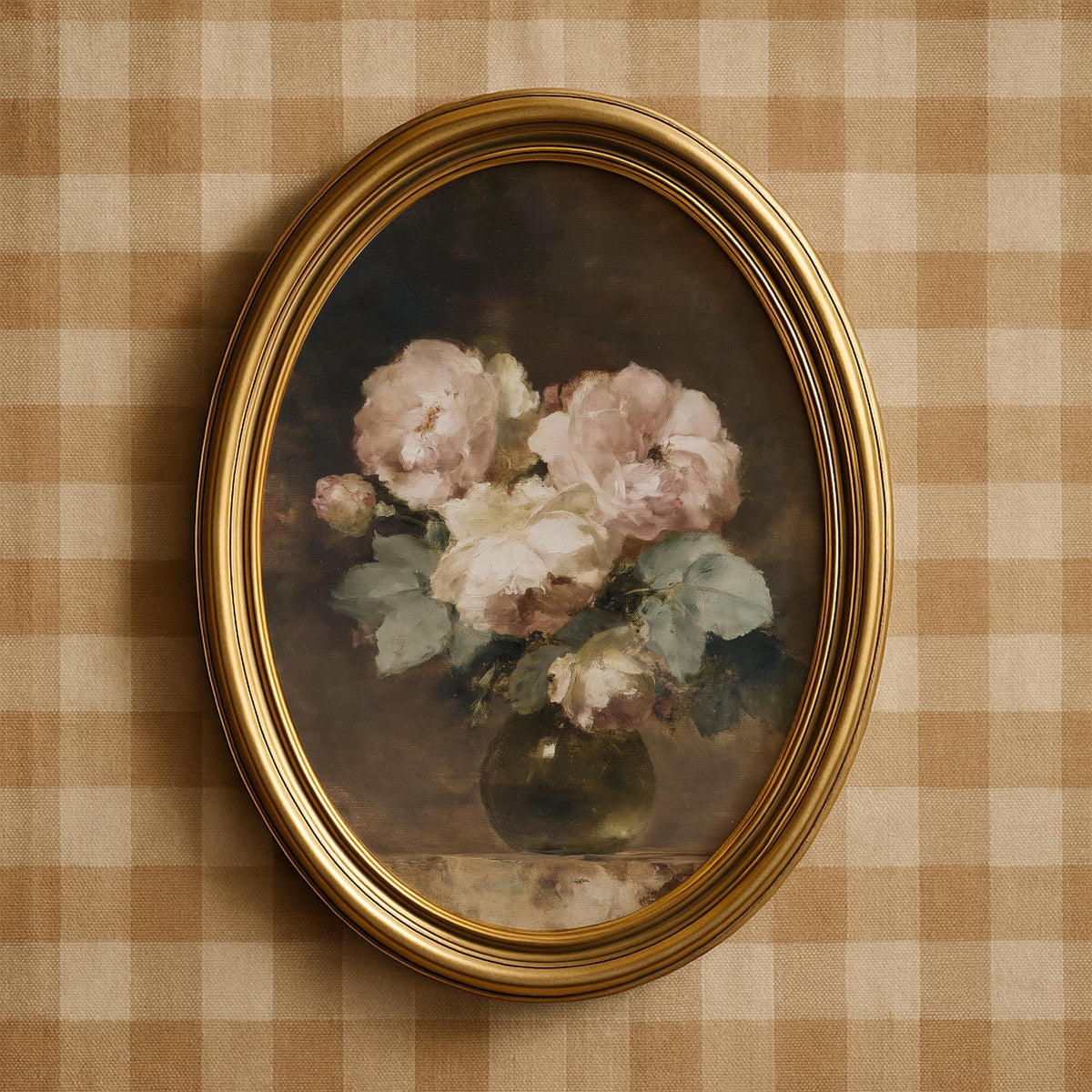 Botanical still life digital print — romantic vintage flowers with sage foliage and shadowy gallery backdrop