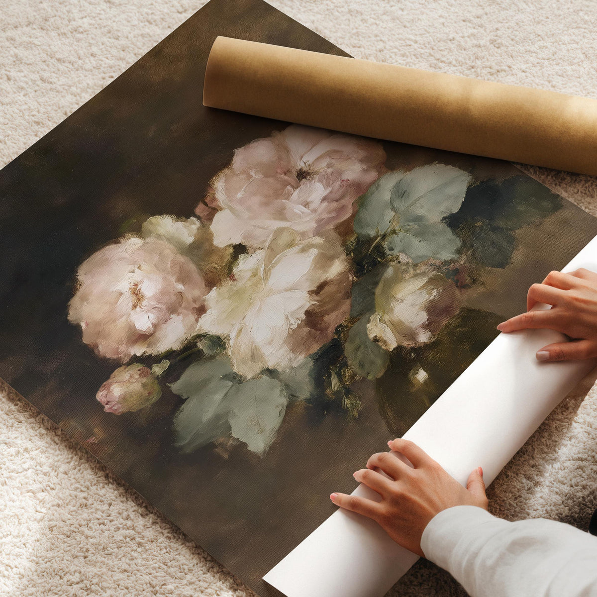 Moody floral oil painting printable poster — antique rose study with rich muted palette and romantic appeal
