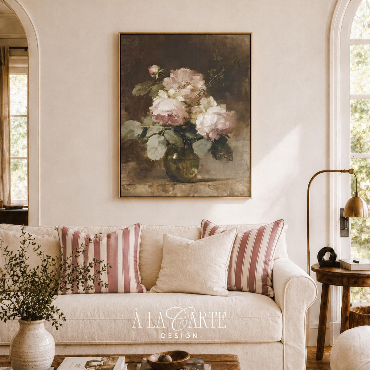 Cottagecore rose bouquet poster for gallery wall — vintage painting with soft brushstrokes and shadowy backdrop