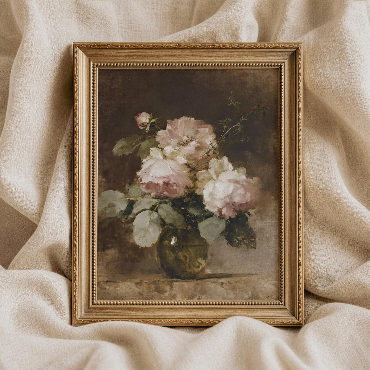 Classic flowers in vase digital print for study — dark moody painting with faded romantic vibes