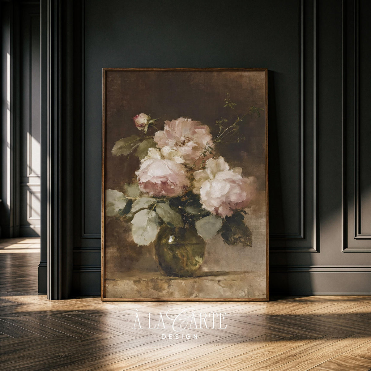 Pink and white roses in glass vase printable art — moody vintage still life with dark academia aesthetic