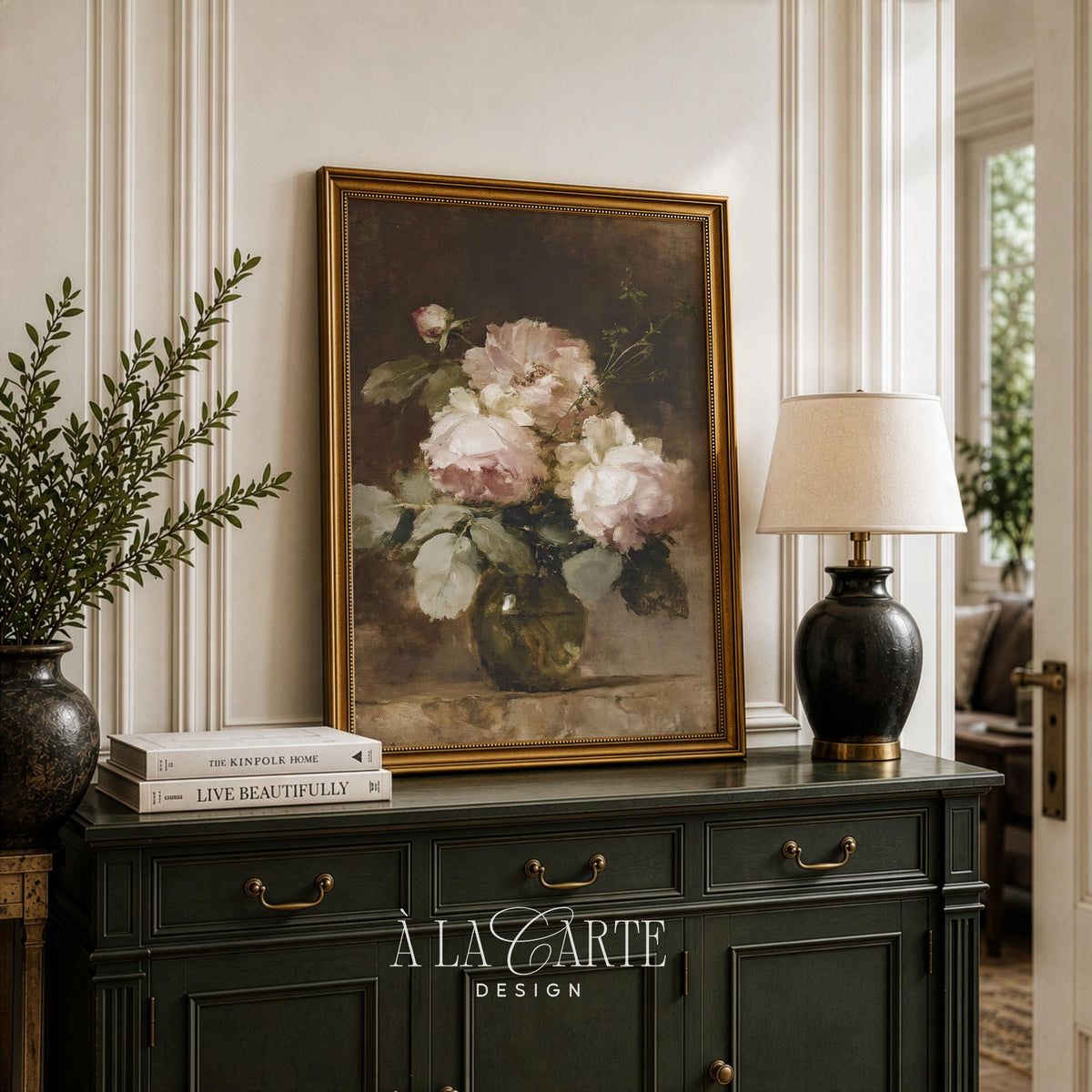 Vintage rose bouquet wall art — soft botanical print with shadowy antique charm and weathered elegance