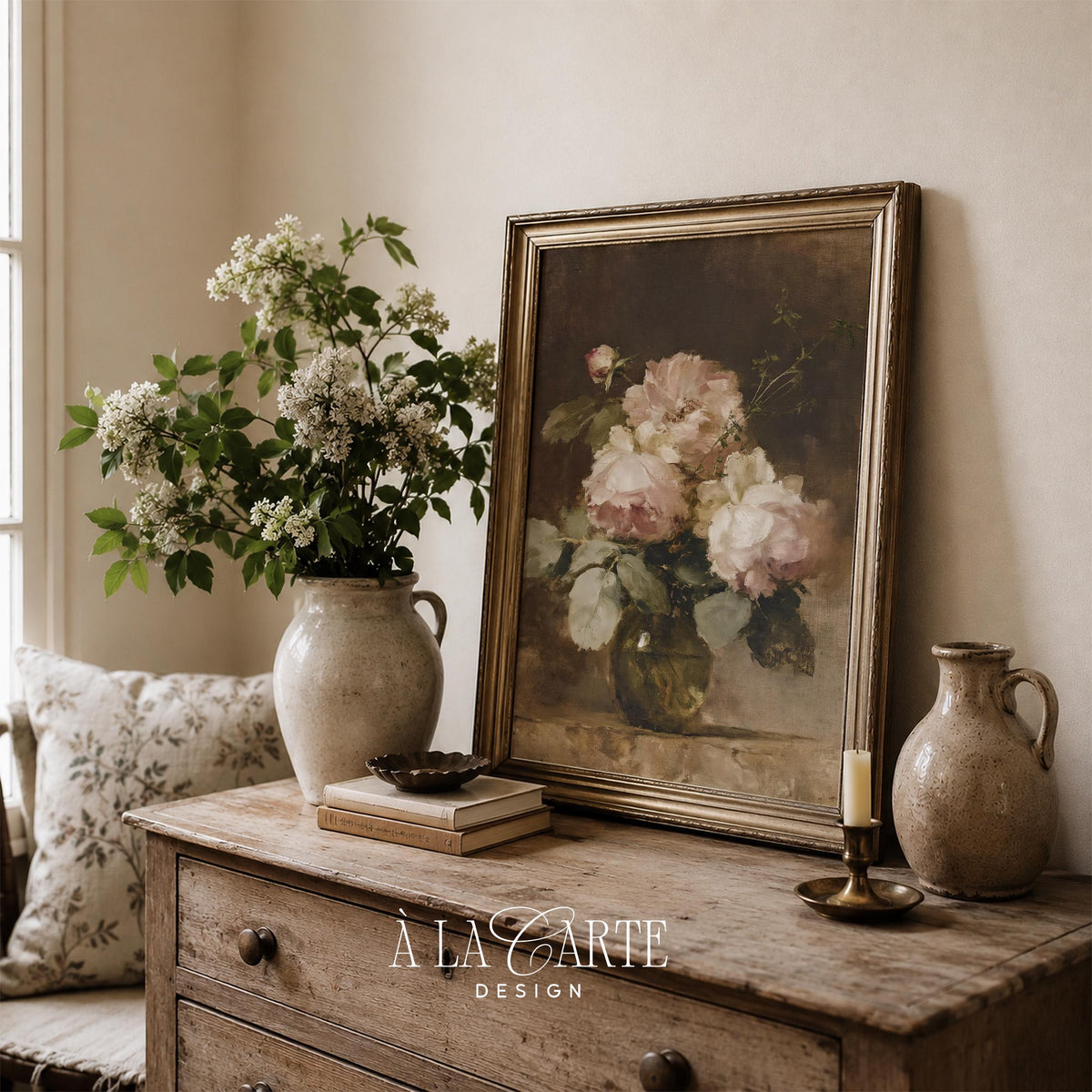Vintage roses painting digital download — dark romantic still life with weathered tabletop and muted tones